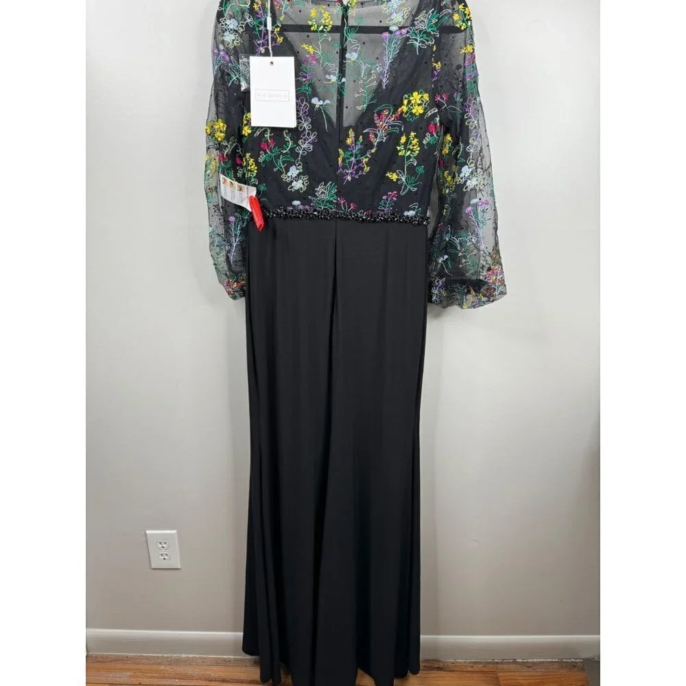 Mac Duggal 79379 Puffed Sleeve Maxi Dress Gown Illusion Embroidered Size 8 NWT - Picture 5 of 7